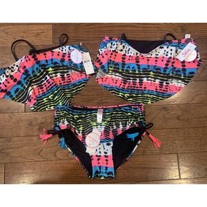 NWT‎ Girls Justice 3pc Swimsuit Set Size 16 Neon Black Rainbow Reversible Top